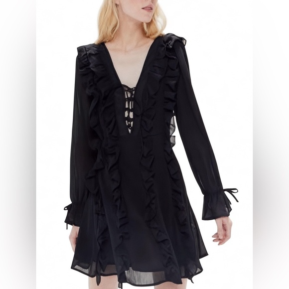 Lioness Chiffon Lace Front Sheer Black Ruffle Whimsigoth Mini Dress Sz M - Picture 1 of 14